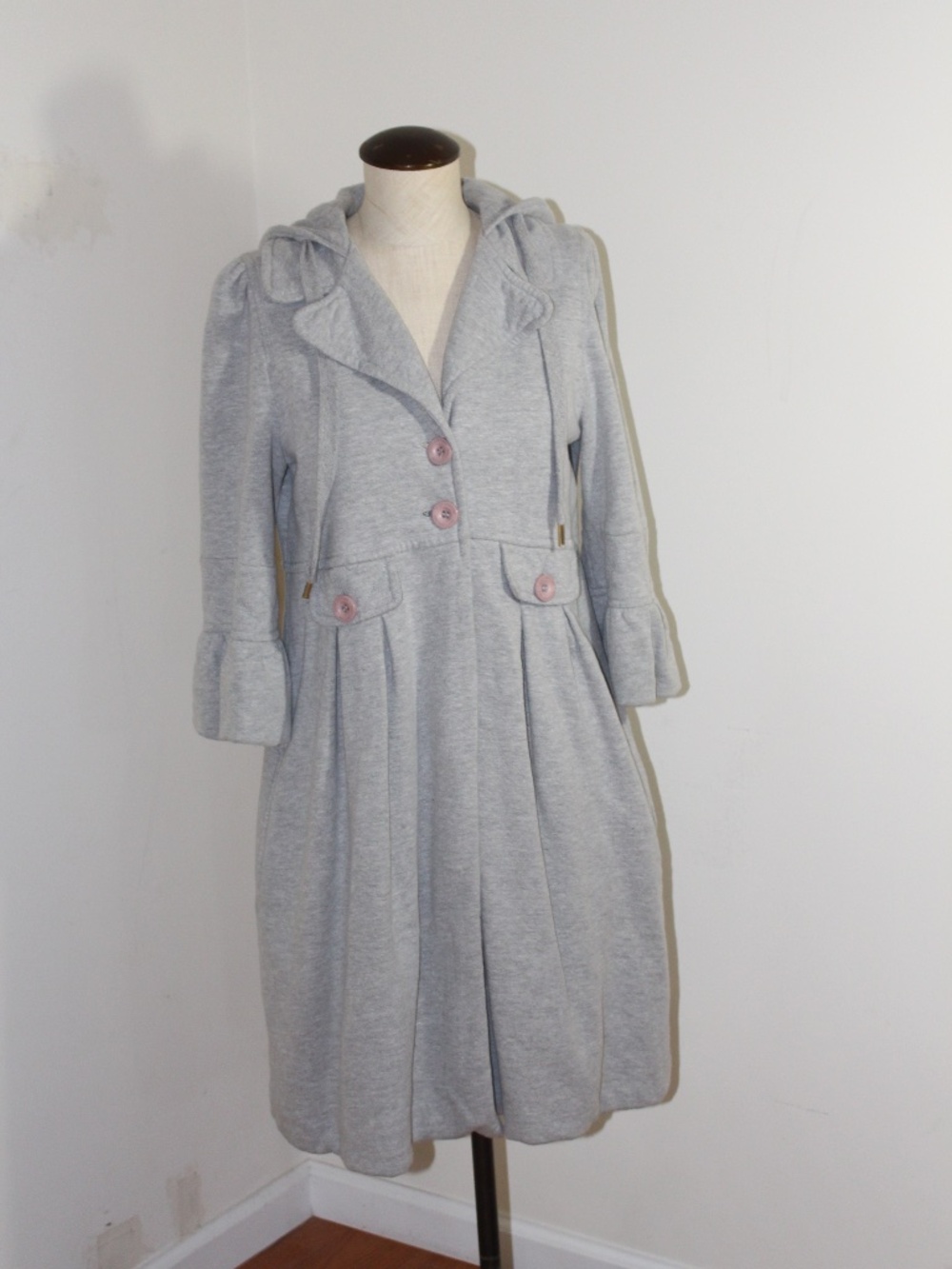 Juicy Couture, gray hooded swing jacket with pink buttons